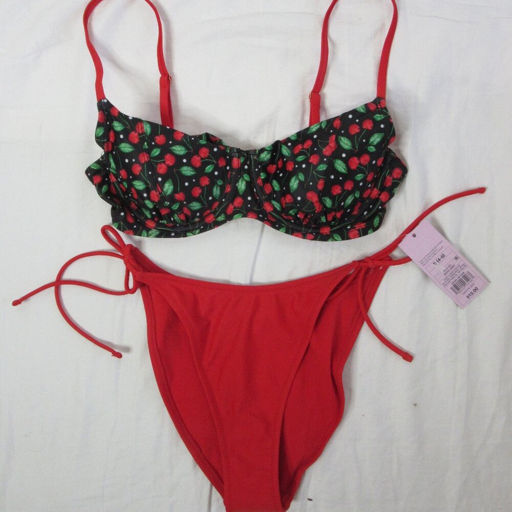 wild fable 2 Piece Bikini Black with Red Cherries Red Bottoms Size Small NWT